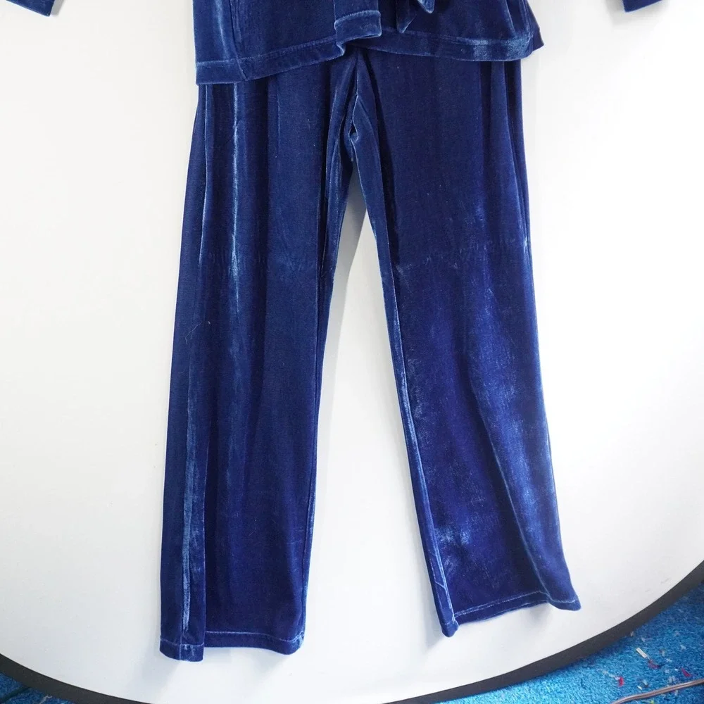VTG City Hearts Blue Velvet Pant Set Long Sleeve Top‎ Matching Set Mature Party - Picture 3 of 14